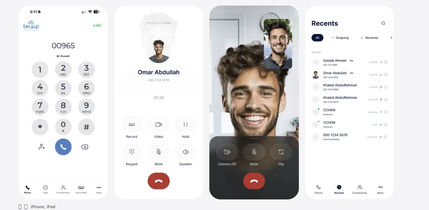 Telsip app screens